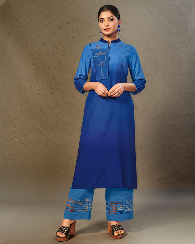 Laxmipati Cotton Royal Blue Shaded Straight cut Kurti with Stylish Yoke and Mask