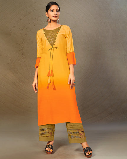 Laxmipati Cotton Yellow-Orange Shaded Straight cut Kurti with Stylish Yoke and Mask