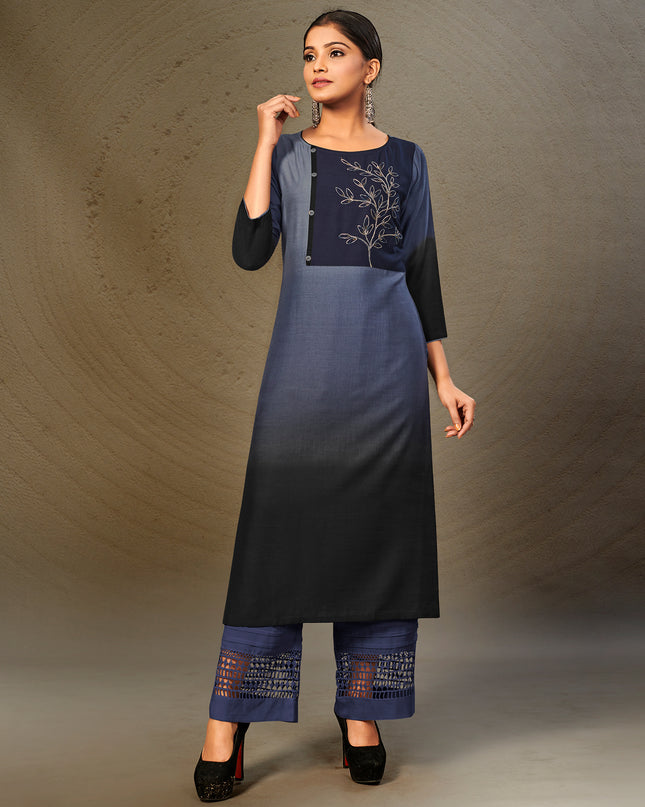 Laxmipati Cotton Blue-Grey Shaded Straight cut Kurti with Stylish Yoke and Mask