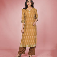 Laxmipati Rayon  Dusty Gold Straight Cut Kurti With Palazzo & Mask