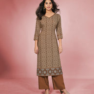 Laxmipati Rayon Earthy Brown Straight Cut Kurti With Palazzo & Mask