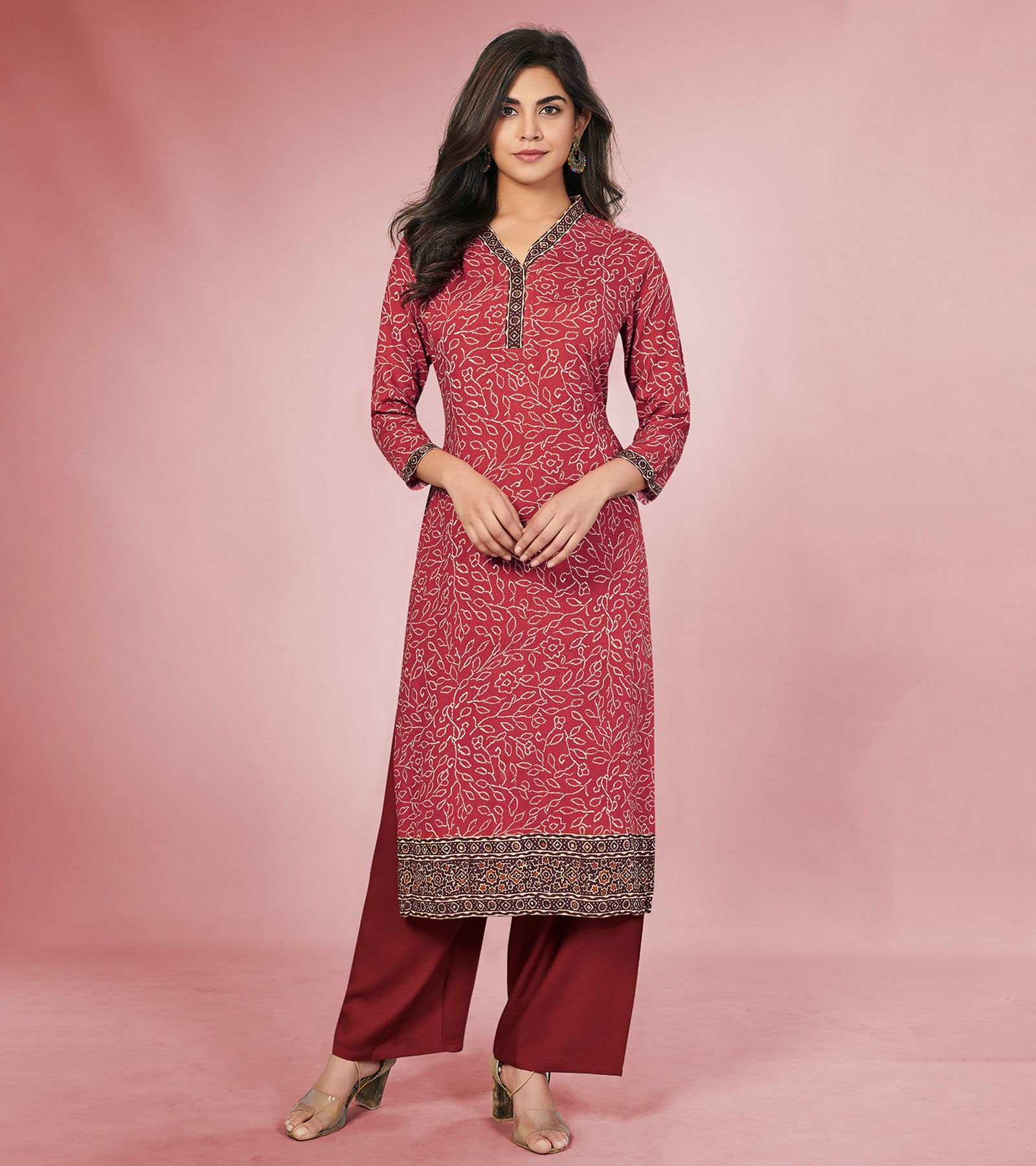 Laxmipati Rayon Maroon  Straight Cut Kurti With Palazzo & Mask