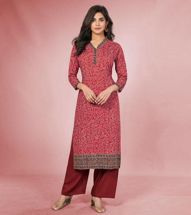 Laxmipati Rayon Maroon  Straight Cut Kurti With Palazzo & Mask