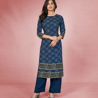 Laxmipati Rayon Navy Blue Straight Cut Kurti With Palazzo & Mask