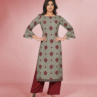 Laxmipati Rayon Gheru Grey Straight Cut Kurti With Palazzo & Mask