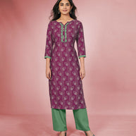 Laxmipati Rayon Wine With Sea Green Straight Cut Kurti With Palazzo & Mask