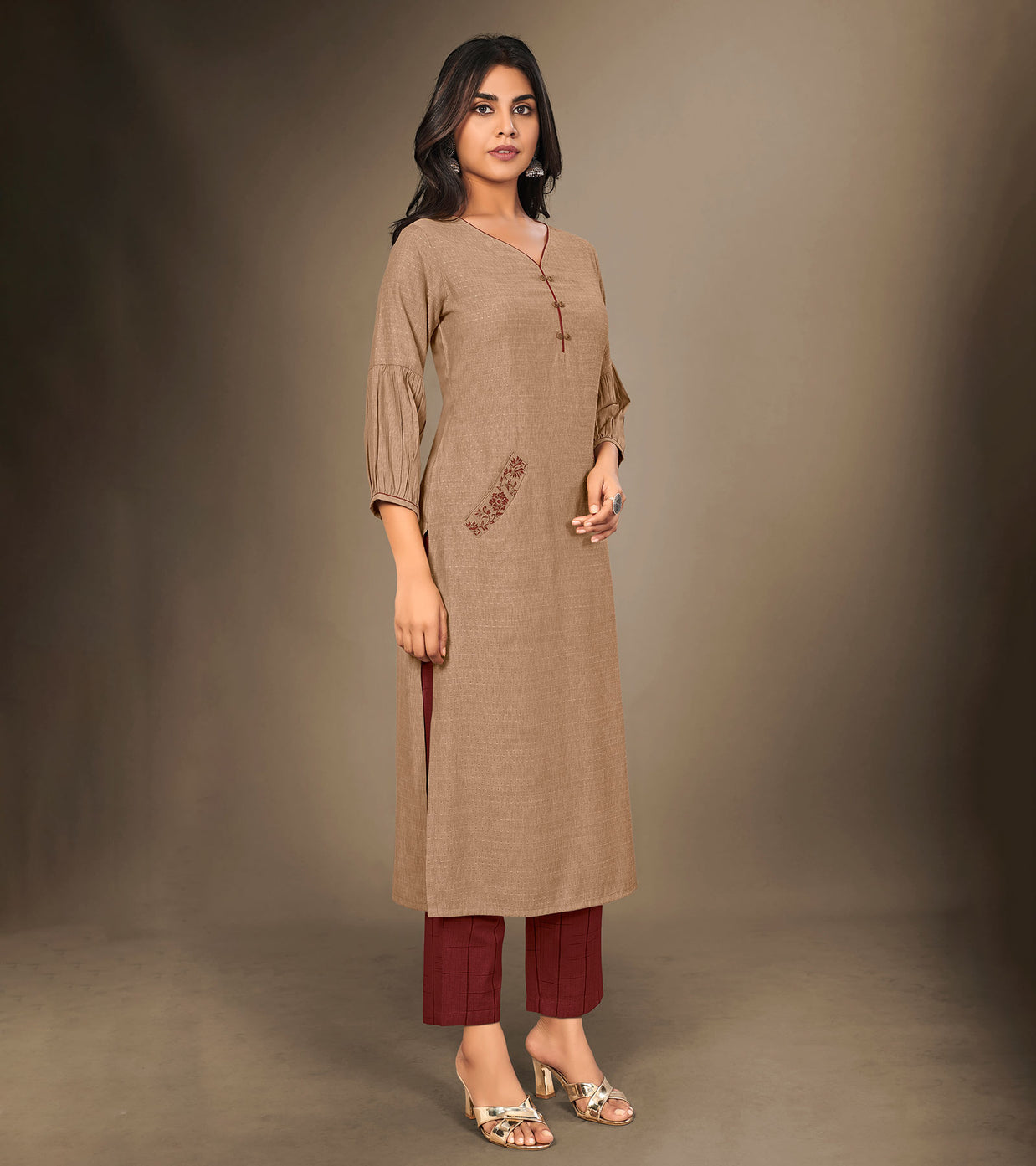 Laxmipati Cotton Viscose  Bone Brown Straight Cut Kurti With Mask