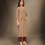 Laxmipati Cotton Viscose  Bone Brown Straight Cut Kurti With Mask