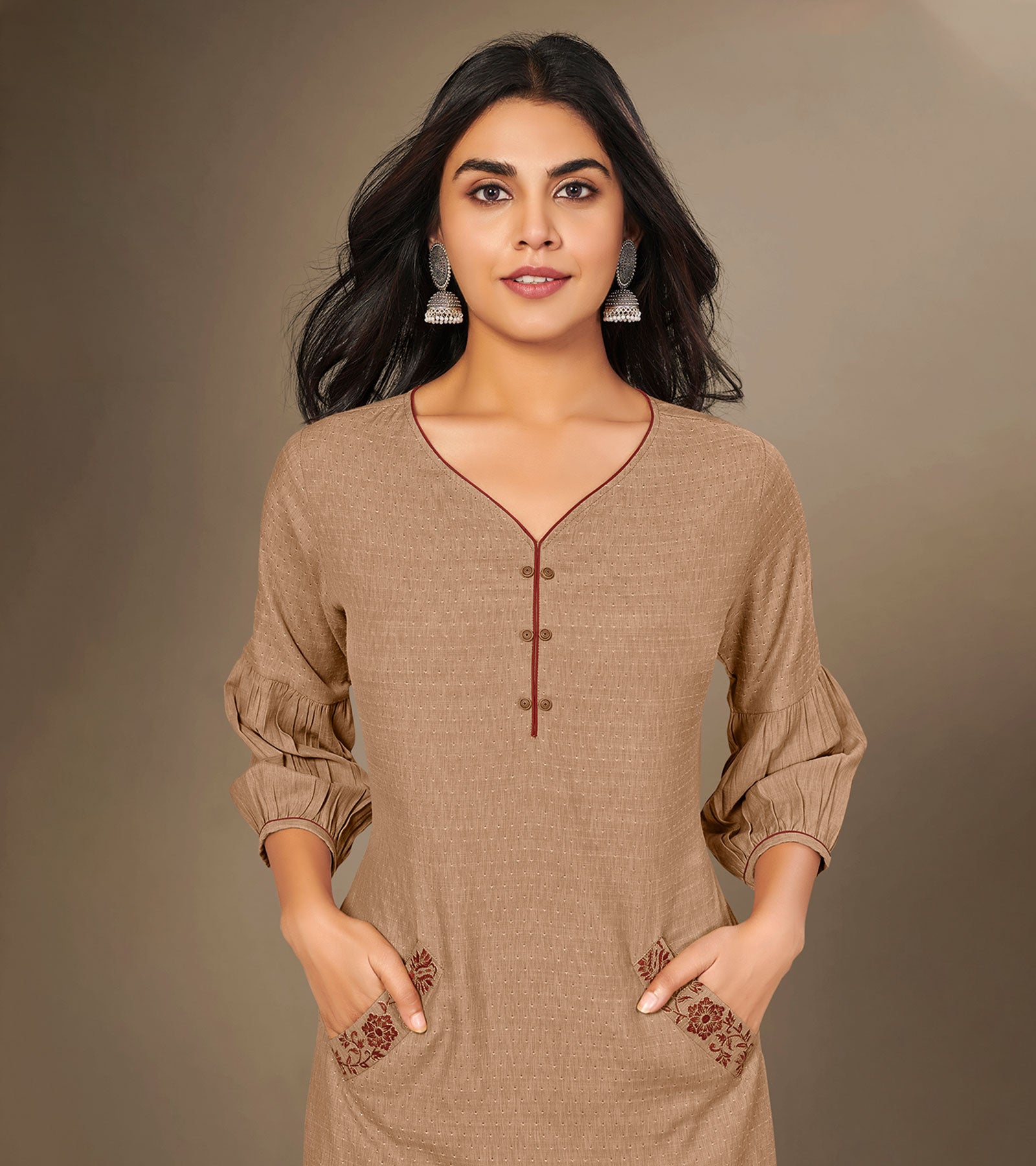 Laxmipati Cotton Viscose  Bone Brown Straight Cut Kurti With Mask