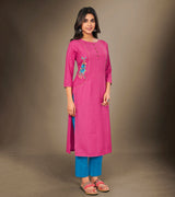 Laxmipati Cotton Viscose  Preety Pink Straight Cut Kurti With Mask