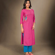 Laxmipati Cotton Viscose  Preety Pink Straight Cut Kurti With Mask