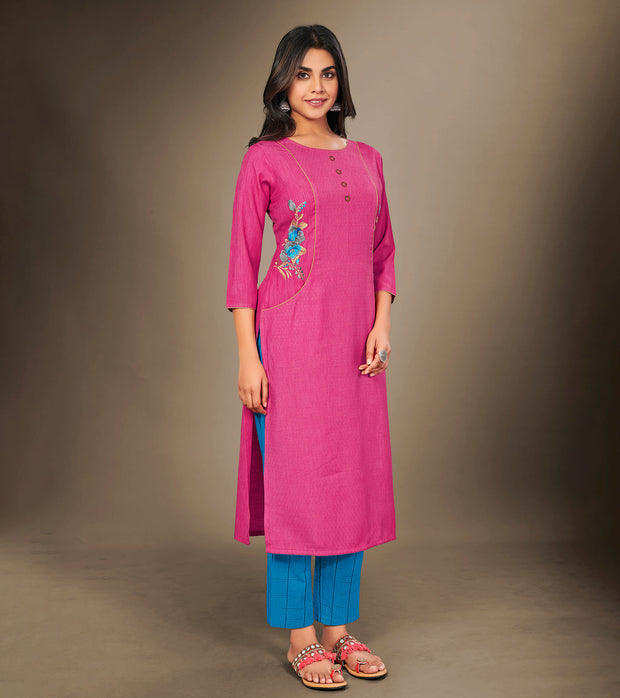 Laxmipati Cotton Viscose  Preety Pink Straight Cut Kurti With Mask