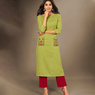Laxmipati Cotton Viscose  Lime Green Straight Cut Kurti With Mask