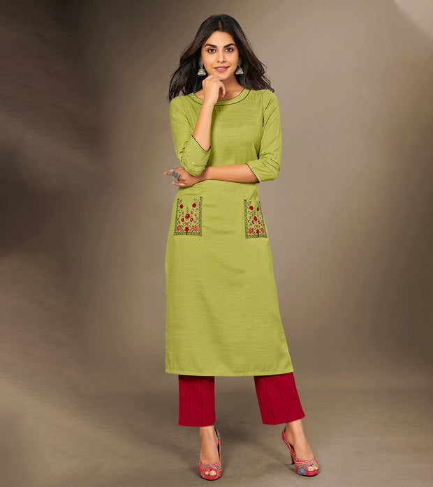 Laxmipati Cotton Viscose  Lime Green Straight Cut Kurti With Mask