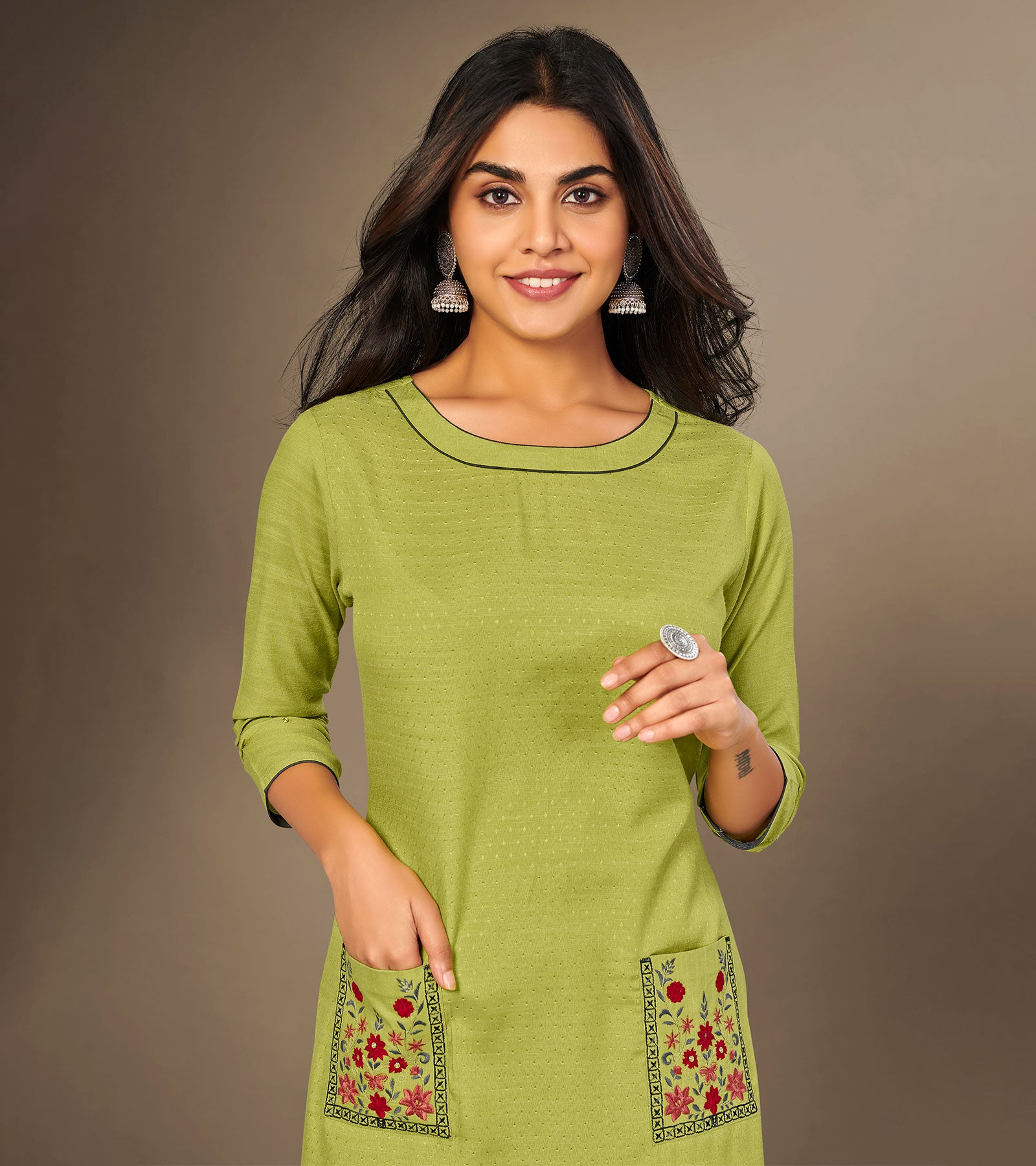Laxmipati Cotton Viscose  Lime Green Straight Cut Kurti With Mask