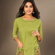 Laxmipati Cotton Viscose  Lime Green Straight Cut Kurti With Mask