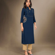 Laxmipati Cotton Viscose  Navy Blue Straight Cut Kurti With Mask