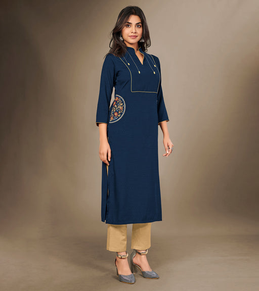 American Crepe And Rasal Net 34th Sleeves Navy Blue Kurti 45Inches