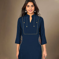 Laxmipati Cotton Viscose  Navy Blue Straight Cut Kurti With Mask