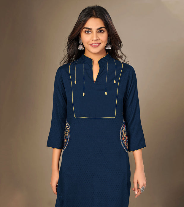 Laxmipati Cotton Viscose  Navy Blue Straight Cut Kurti With Mask
