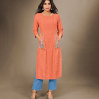Laxmipati Cotton Viscose  Rustic Orange Straight Cut Kurti With Mask