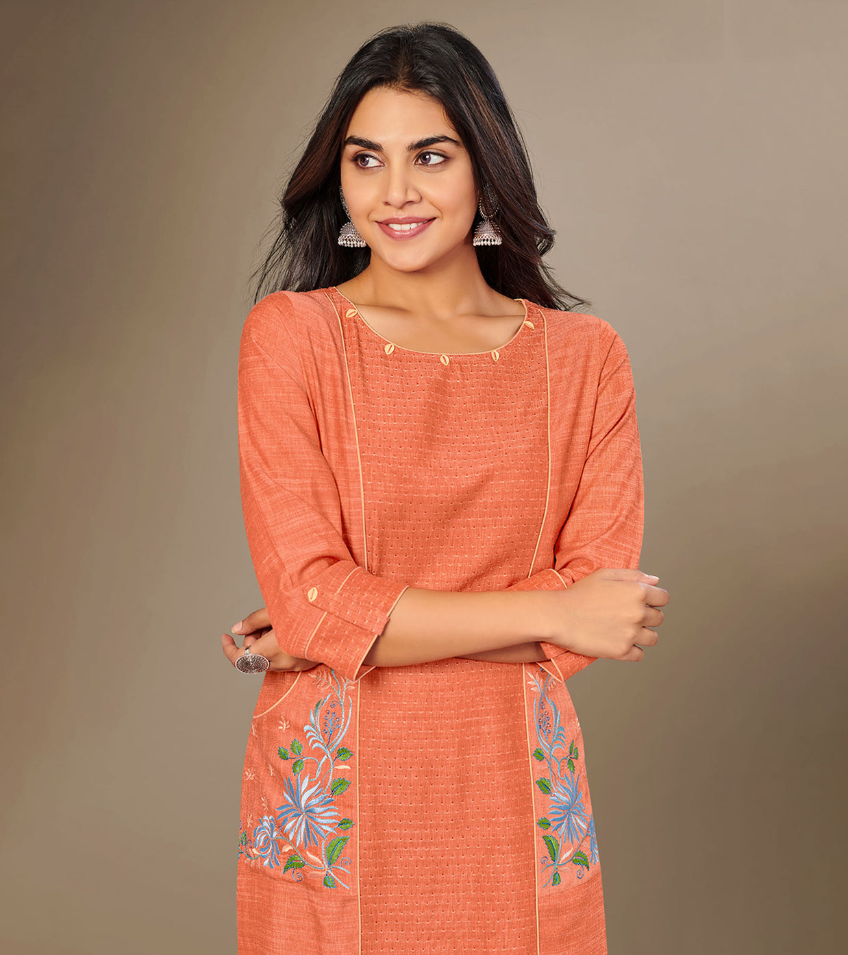 Laxmipati Cotton Viscose  Rustic Orange Straight Cut Kurti With Mask