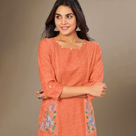Laxmipati Cotton Viscose  Rustic Orange Straight Cut Kurti With Mask
