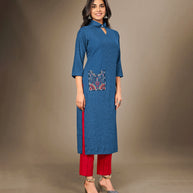 Laxmipati Cotton Viscose  Royal Blue Straight Cut Kurti With Mask