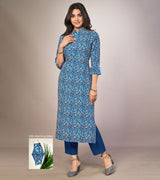 Laxmipati Cotton Viscose Blur Blue Straight Cut Kurti With Mask