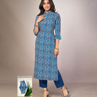 Laxmipati Cotton Viscose Blur Blue Straight Cut Kurti With Mask