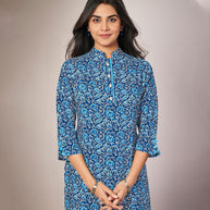Laxmipati Cotton Viscose Blur Blue Straight Cut Kurti With Mask