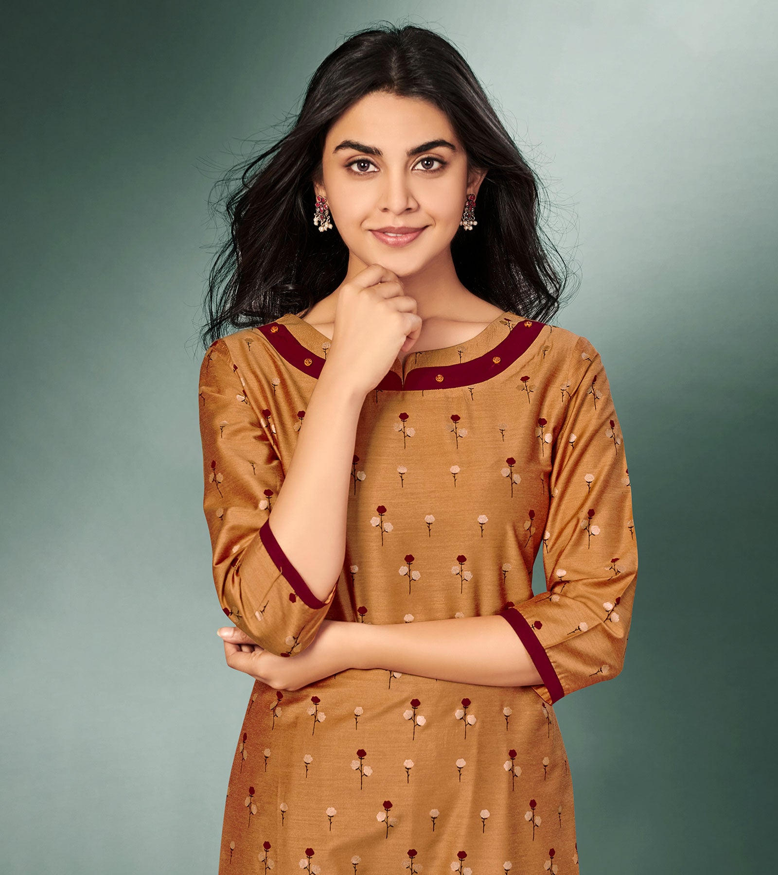 Laxmipati Viscose Tuscan Brown   Straight Cut Kurti With Mask