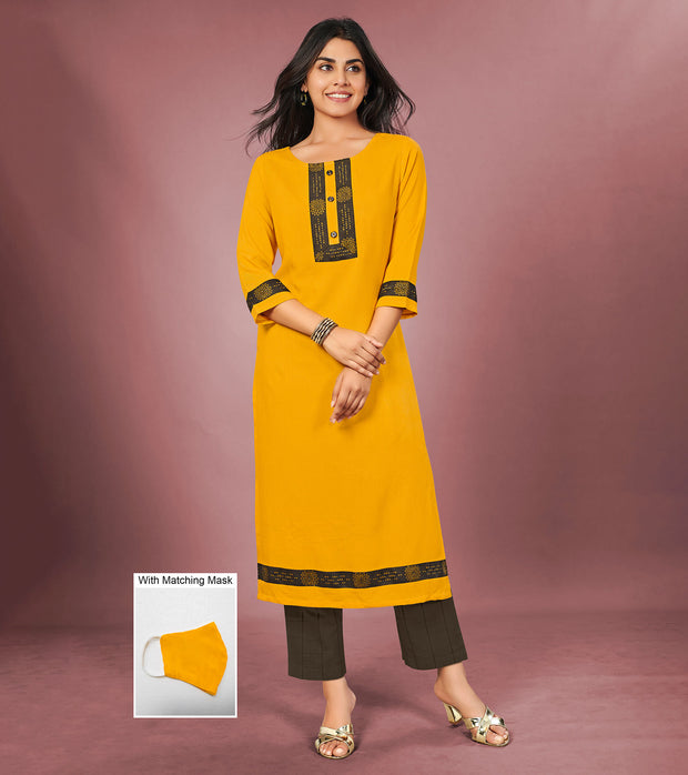 Laxmipati Cotton Rama Elegant Straight cut Kurti with Warli Motifs Emb Yoke and Mask