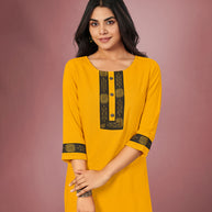Laxmipati Cotton Rama Elegant Straight cut Kurti with Warli Motifs Emb Yoke and Mask