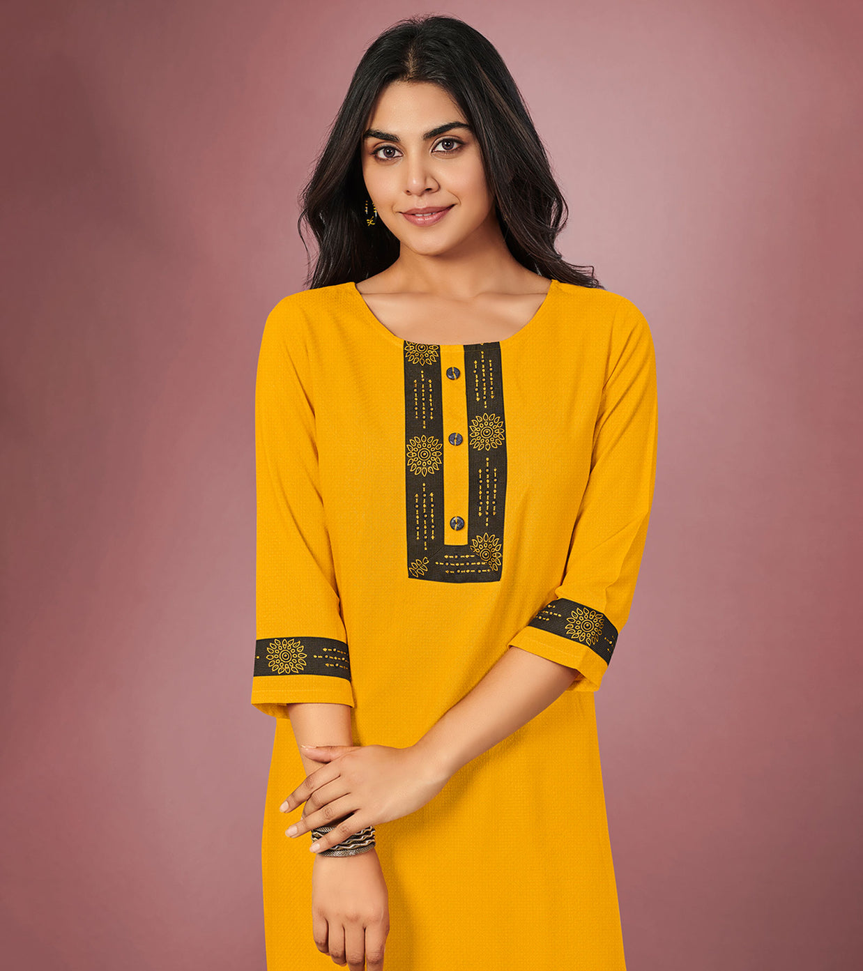 Laxmipati Cotton Viscose Musterd Yellow Straight Cut Kurti With Mask