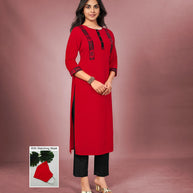 Laxmipati Cotton Viscose Rimzim Red Straight Cut Kurti With Mask