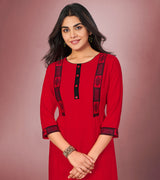 Laxmipati Cotton Viscose Rimzim Red Straight Cut Kurti With Mask