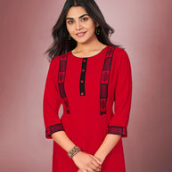 Laxmipati Cotton Viscose Rimzim Red Straight Cut Kurti With Mask