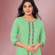 Laxmipati Cotton Viscose Pista Green Straight Cut Kurti With Mask