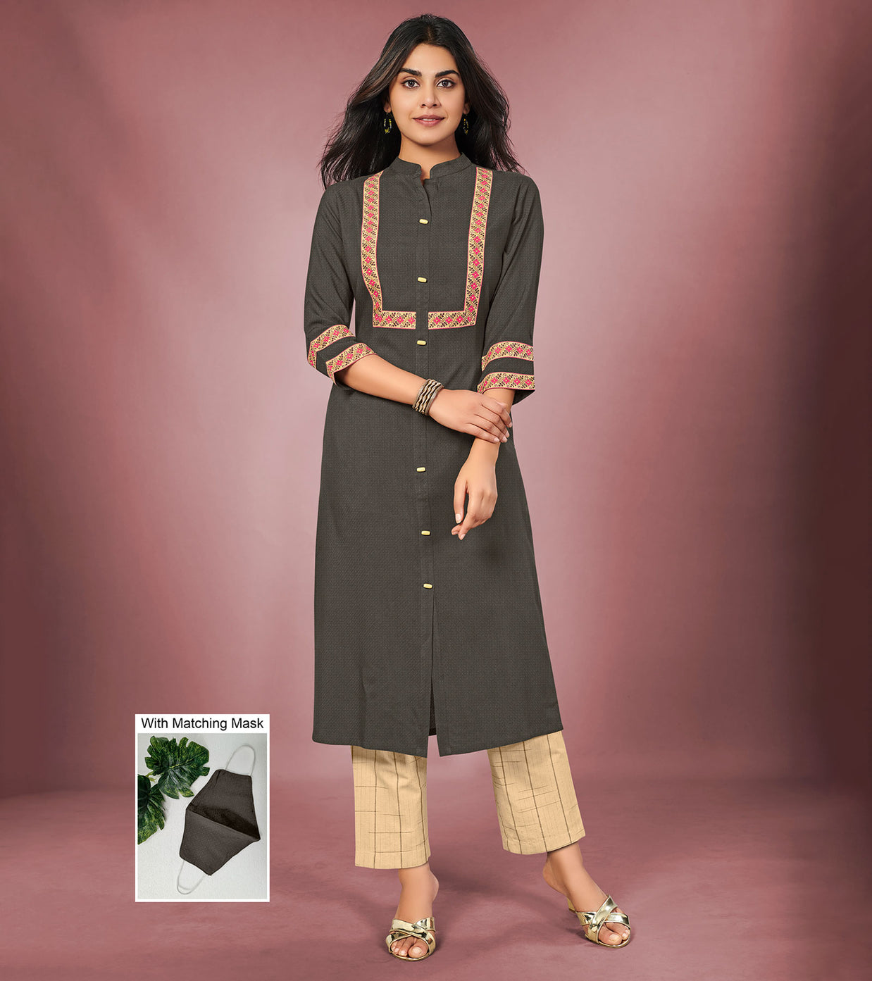 Laxmipati Cotton Viscose Natural Grey Straight Cut Kurti With Mask