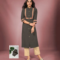 Laxmipati Cotton Viscose Natural Grey Straight Cut Kurti With Mask