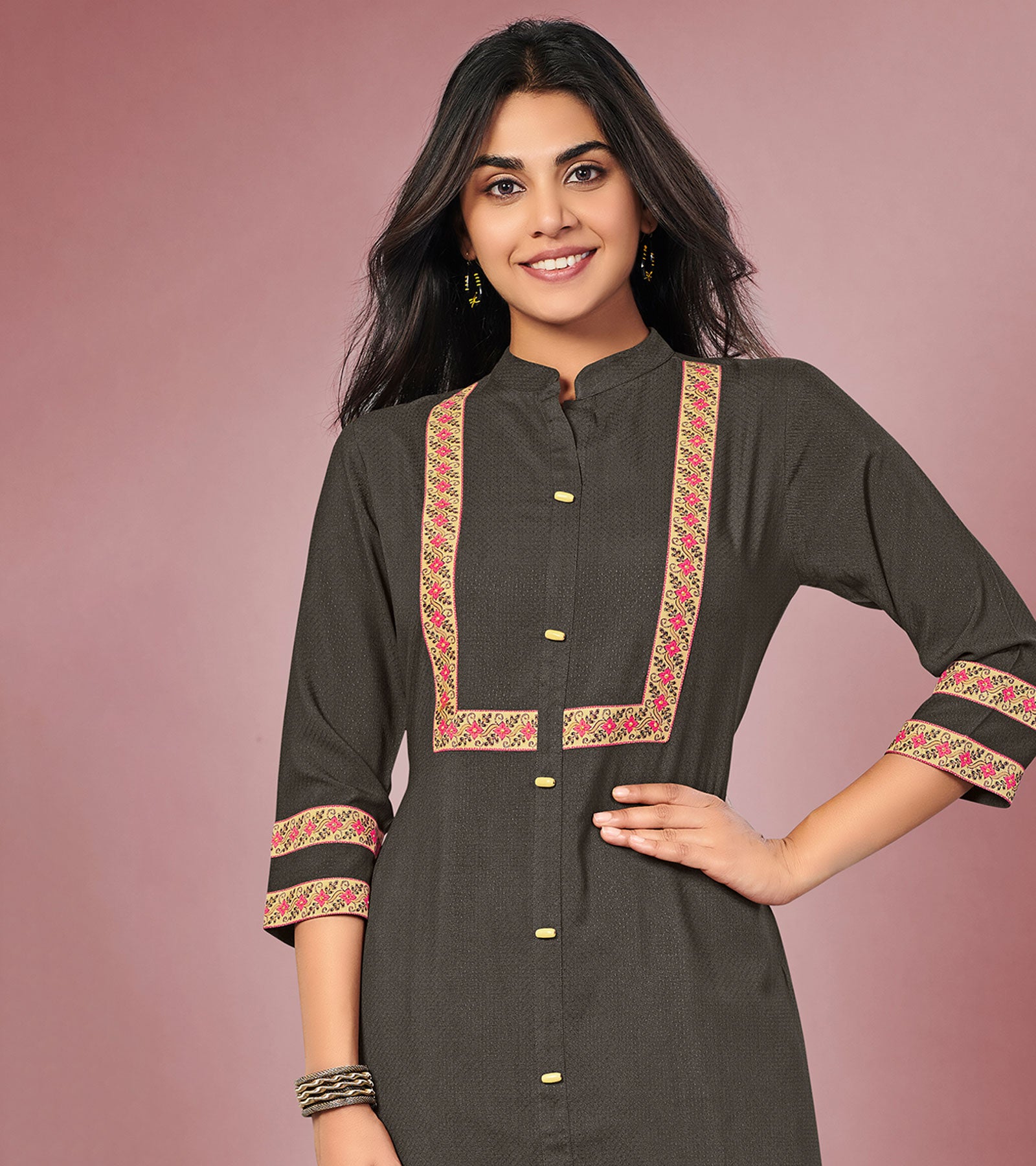 Laxmipati Cotton Viscose Natural Grey Straight Cut Kurti With Mask