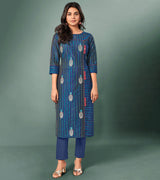 Laxmipati Cotton Silk Blooming Blue Straight Cut Kurti With Mask