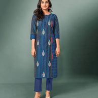 Laxmipati Cotton Silk Blooming Blue Straight Cut Kurti With Mask