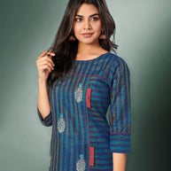 Laxmipati Cotton Silk Blooming Blue Straight Cut Kurti With Mask