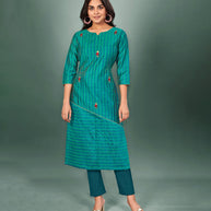 Laxmipati Cotton Silk Rama Green Straight Cut Kurti With Mask