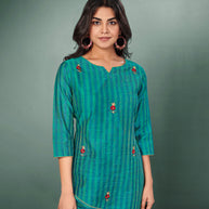 Laxmipati Cotton Silk Rama Green Straight Cut Kurti With Mask
