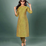 Laxmipati Cotton Silk Lime Green Straight Cut Kurti With Mask