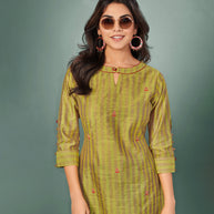 Laxmipati Cotton Silk Lime Green Straight Cut Kurti With Mask