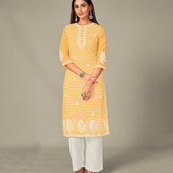Laxmipati Georgate Emerti Yellow Straight Cut Kurti With Palazzo & Mask